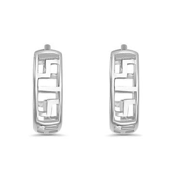 Solid 14K White Gold 4mm Thickness Hoop Earrings Best Anniversary Birthday Gift for Her Greek Key